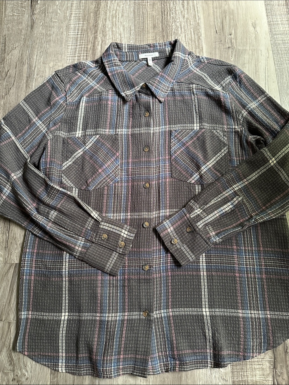 Maurices Plaid Button-Up Shirt in Charcoal with Blue & Pink Accents